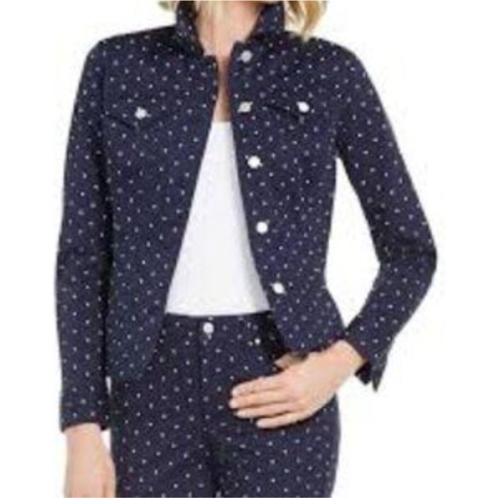 Charter Club Denim Jacket Polka Dot Button Front Collared‎ Petite Large NWT $68